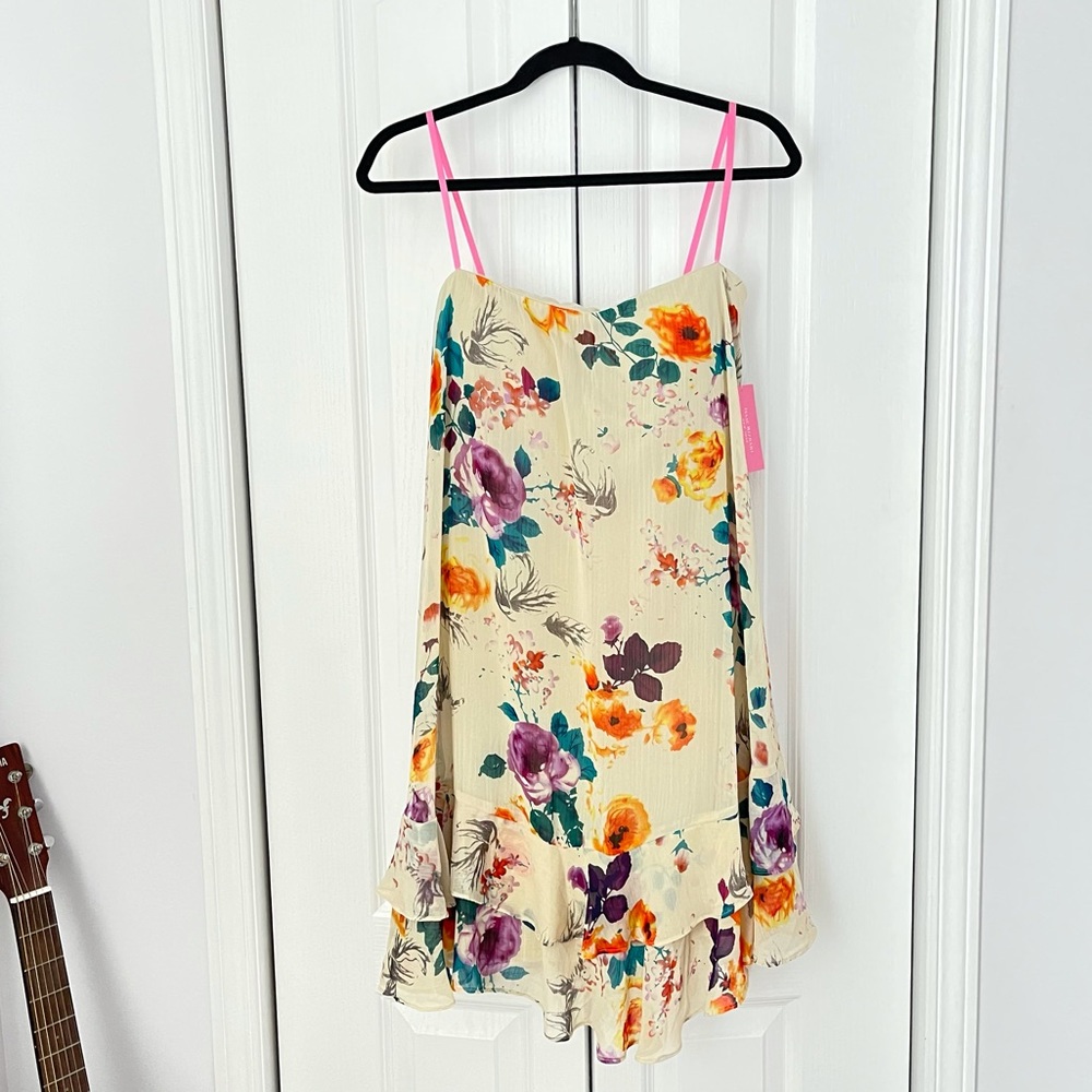ISAAC MIZRAHI Strapless Floral Cream, Orange, Purple and Blue Mini Dress